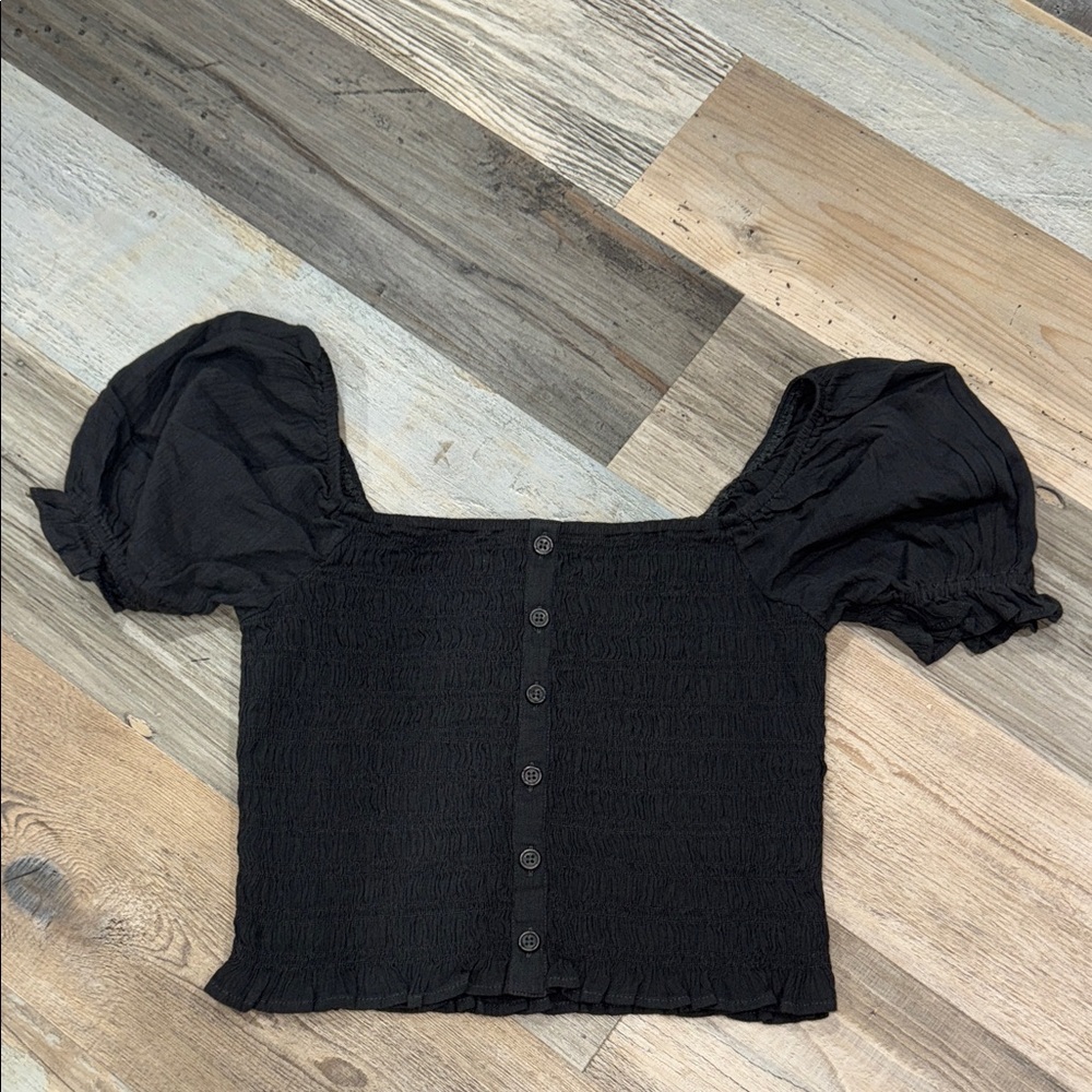 Aerie washed Black Smocked Puff Sleeve Blouse